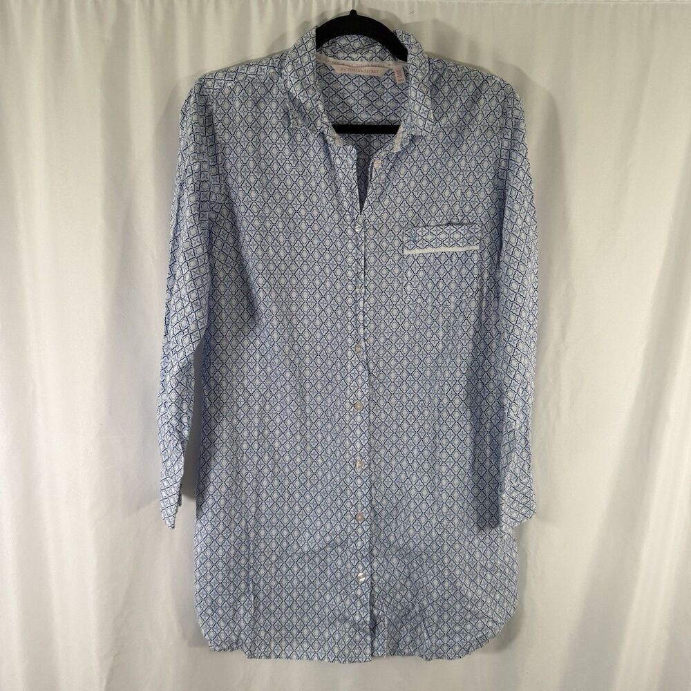 Victoria's Secret Sleep Mini Dress Women Medium Blue White Button Up Long Sleeve